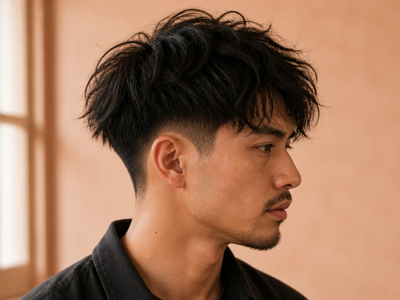 Messy two block taper fade with tousled top and clean tapered sides