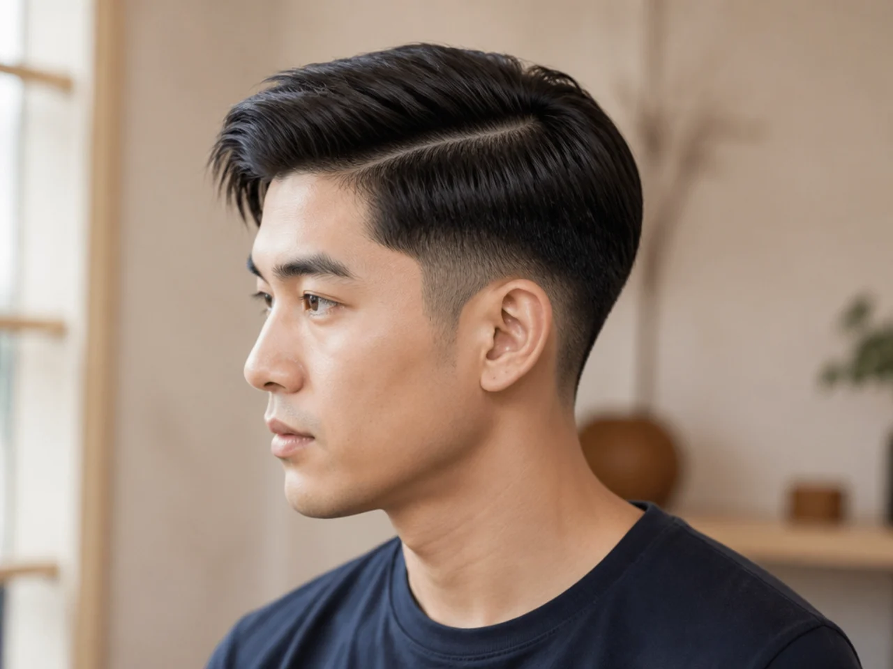 Side part two block taper fade with a heavier side and a clean tapered perimeter