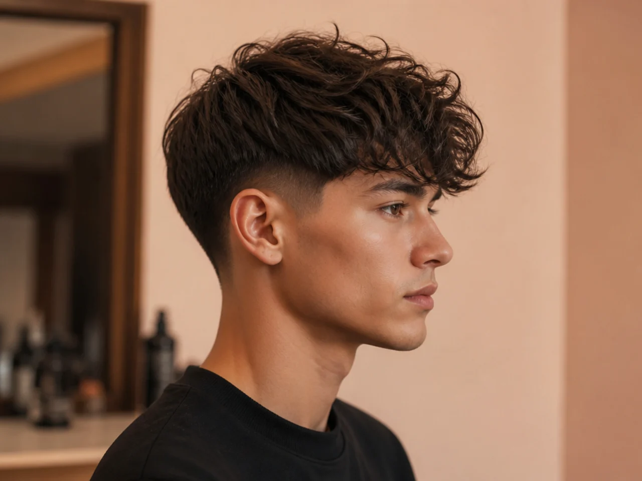 Young man styling a two block taper fade at home with matte clay and a blow dryer