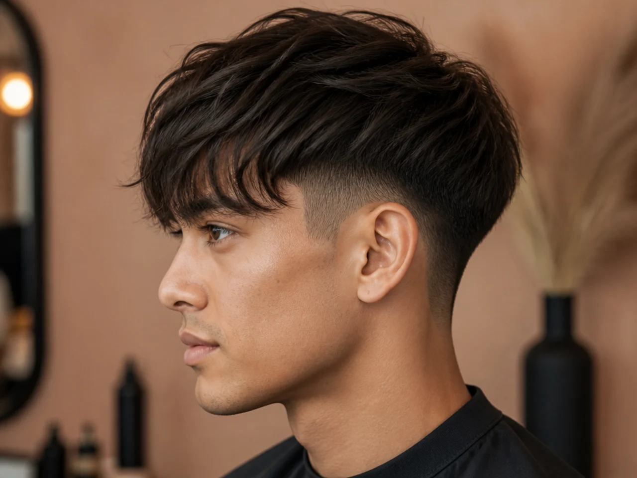 Two block with a drop taper fade curving down behind the ear