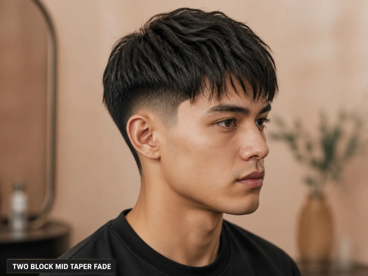 Two block with a mid taper fade sitting right at the temple
