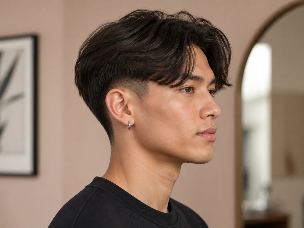 Two block taper fade styled with curtain bangs framing the face