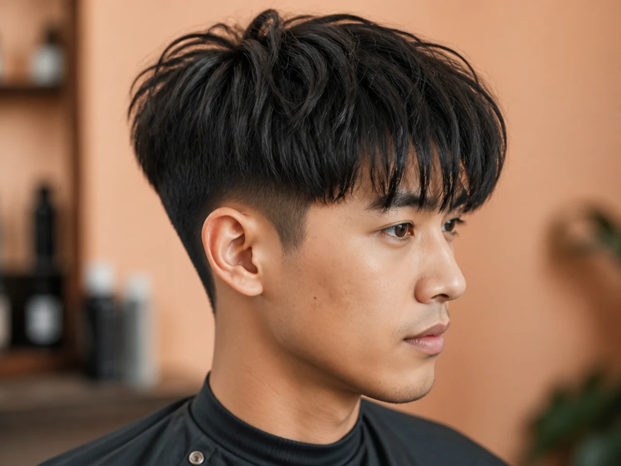 Two block taper fade with a heavy fringe falling past the eyebrows