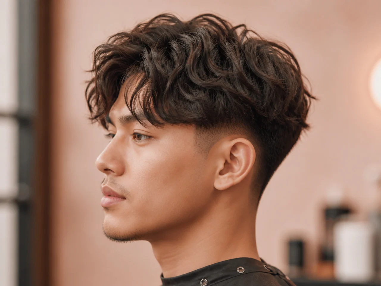 Wavy two block taper fade with a natural bend on top and clean tapered sides