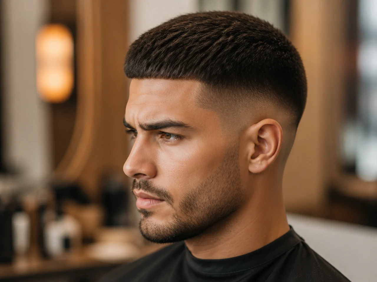 Marcus, 34, fire captain, wearing a Spartan-style French crop with a blunt fringe and a skin fade