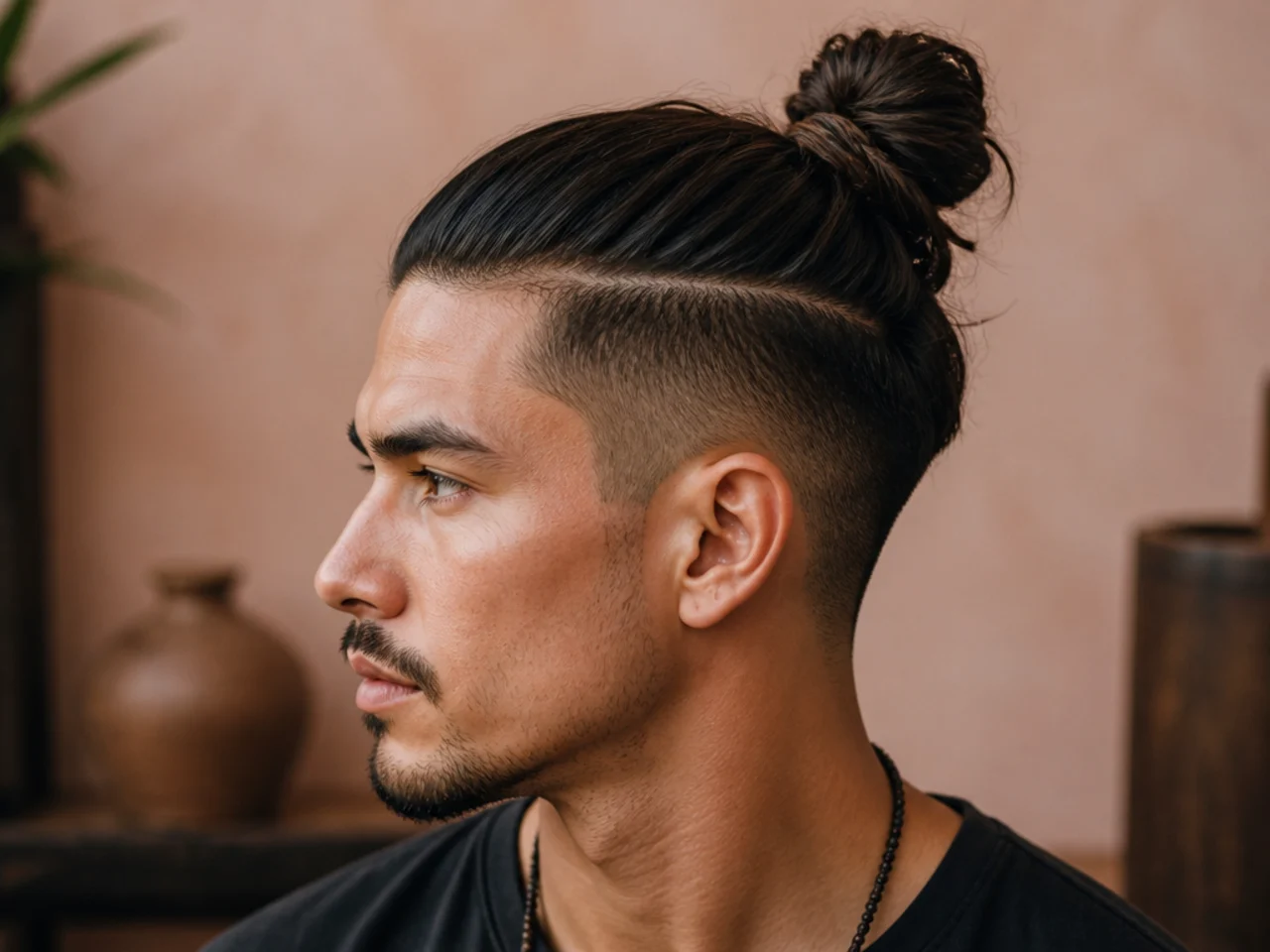 Ren, 26, software engineer and kendo student, wearing a Samurai-inspired top-knot with a mid-taper undercut