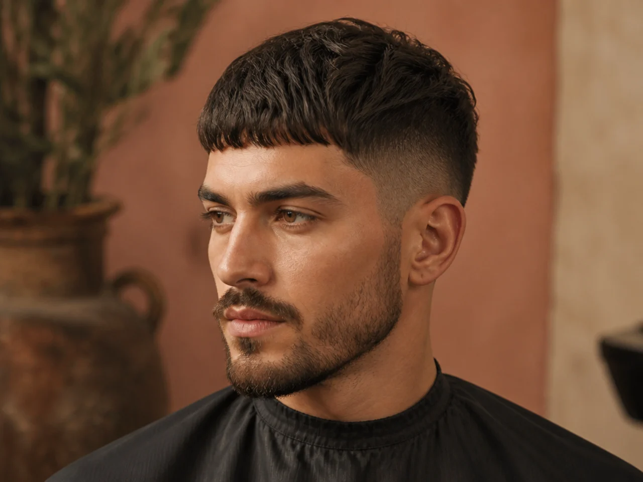 Alessandro, 31, chef, wearing a Roman-style forward fringe with cropped sides and a short beard