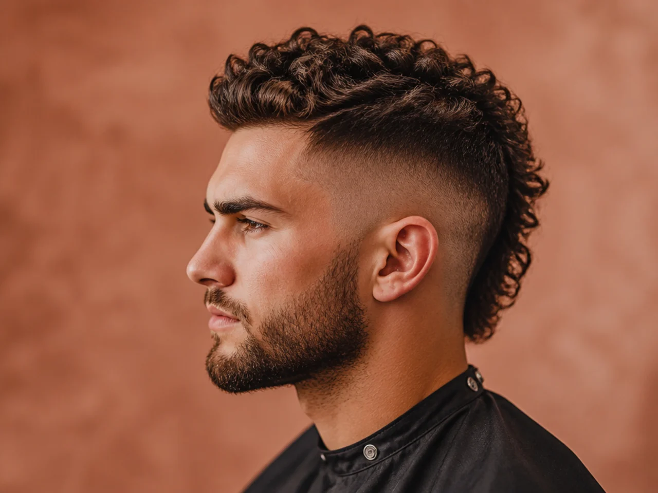 Cal, 27, bar owner, wearing a Celtic-inspired mohawk with a five-inch strip pushed back over high skin fade sides and a full auburn beard