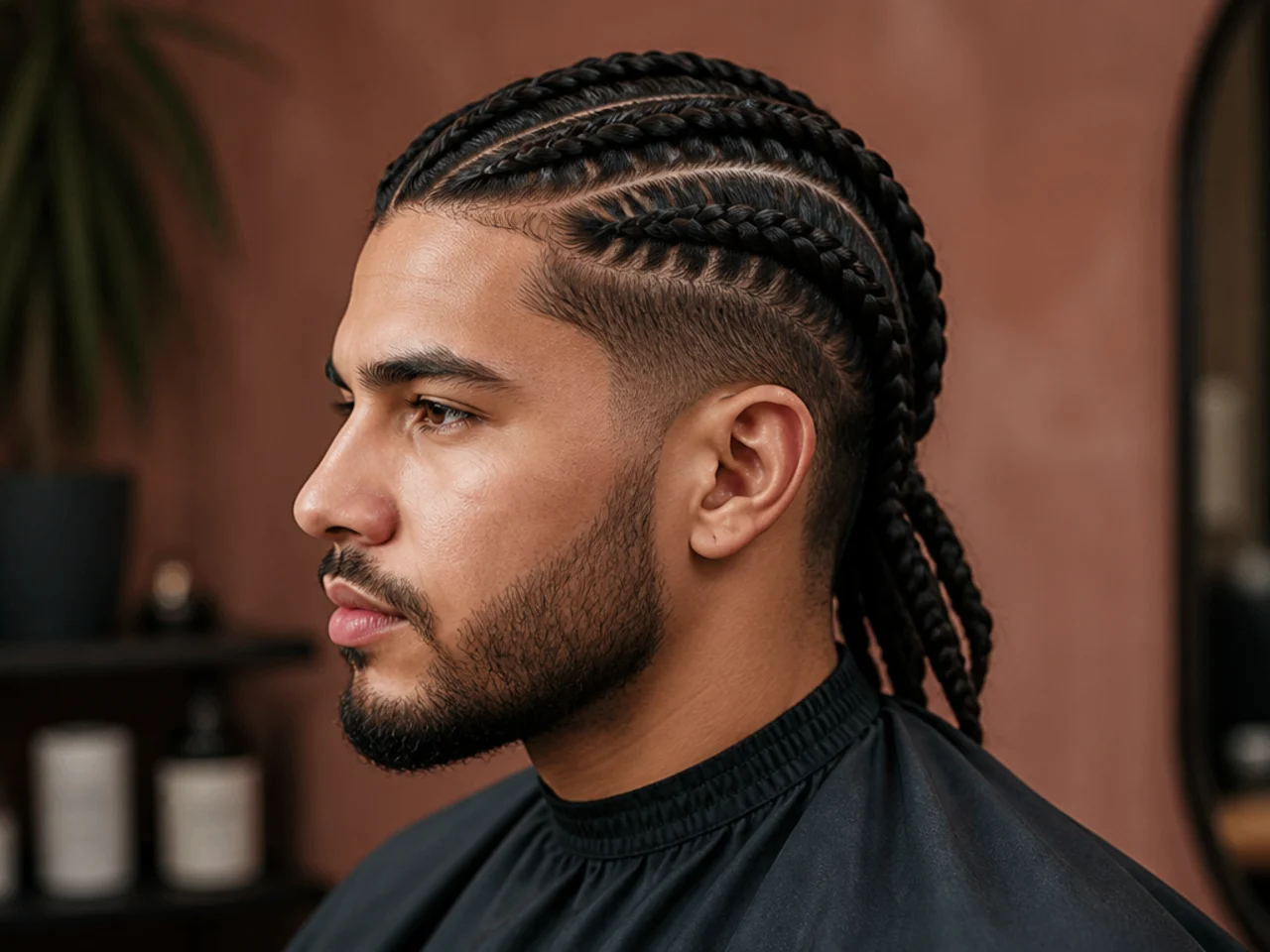 Mateo, 33, trail runner, wearing a modern braided undercut with three braids running back over the top and skin-faded sides