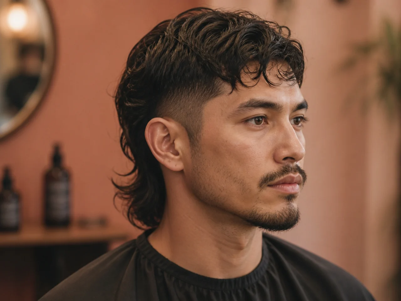 Barber and client comparing three reference photos on a phone in a warm-lit barbershop
