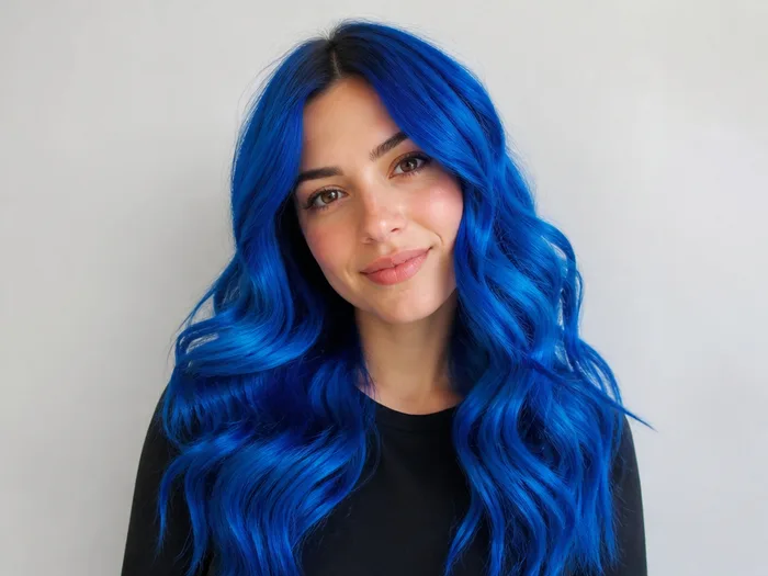 Woman with long mermaid waves colored electric blue with temporary hair wax color