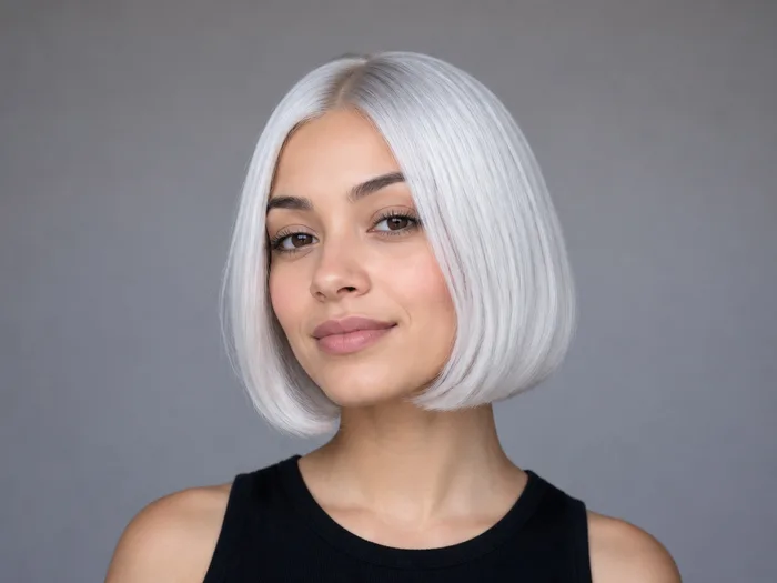 Woman with a sleek bob sprayed ghost white temporary Halloween hair color