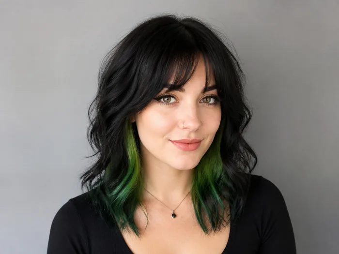 Woman with dark hair and witch green peekaboo streaks of temporary hair color
