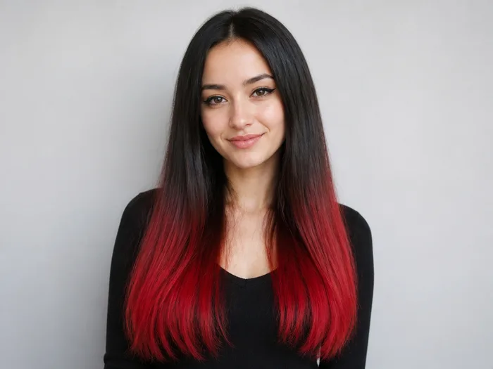 Woman with long straight hair with vampire red dipped ends of temporary hair color
