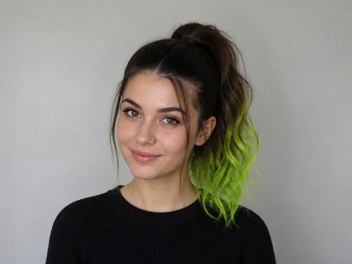Woman with a high ponytail with toxic lime green tips of temporary hair color