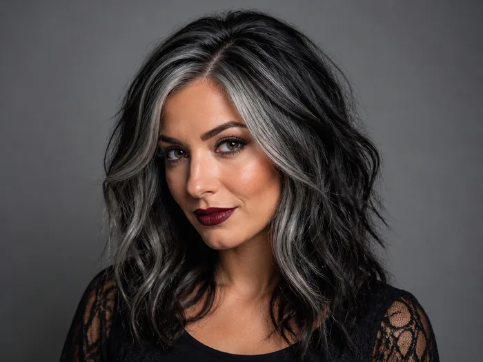 Woman with dark hair with silver grey streaks of temporary hair color