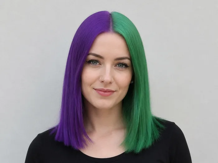 Woman with split temporary hair color, one side purple and one side green, straight hair