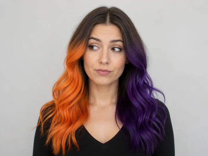 Woman choosing between wash-out Halloween hair colors, orange and purple options