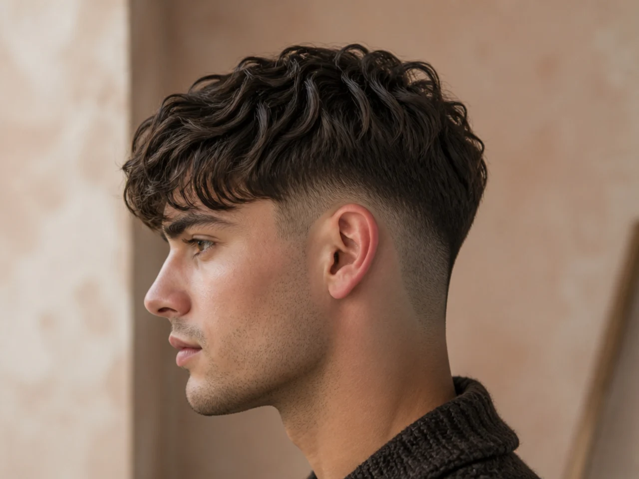 A man with over-layered flat wavy hair