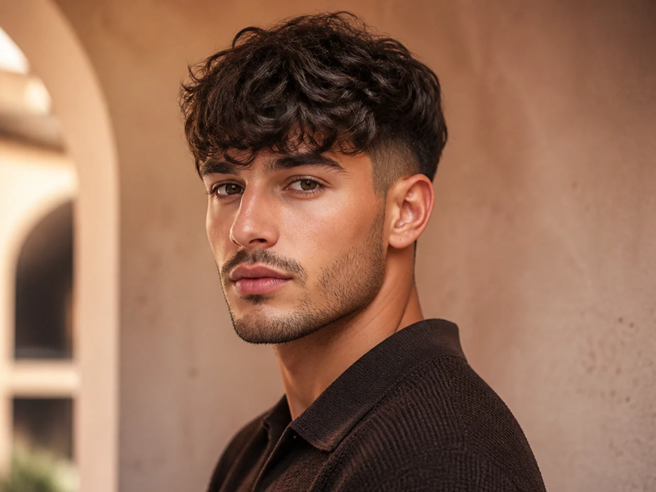 A man with a wavy fringe over his forehead