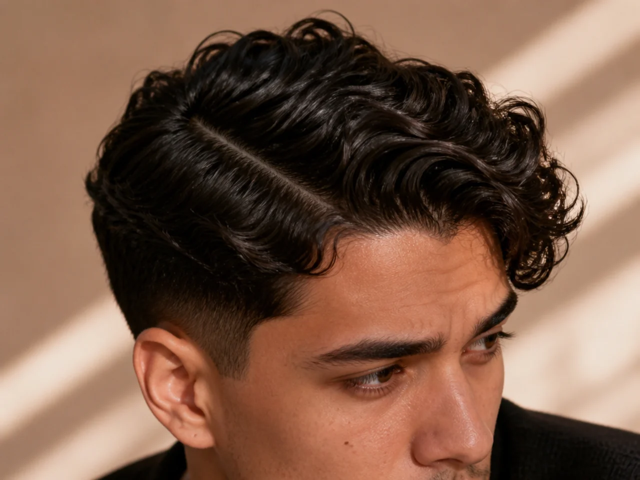 A man with wavy hair in a side part