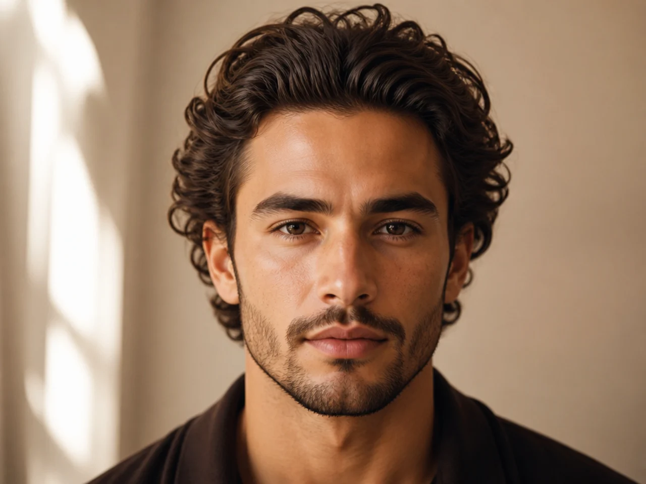 A man with wavy hair pushed back off his face
