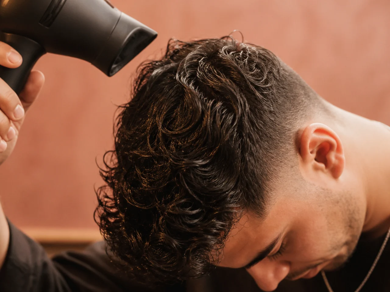 A man drying his wavy hair with his head tipped forward