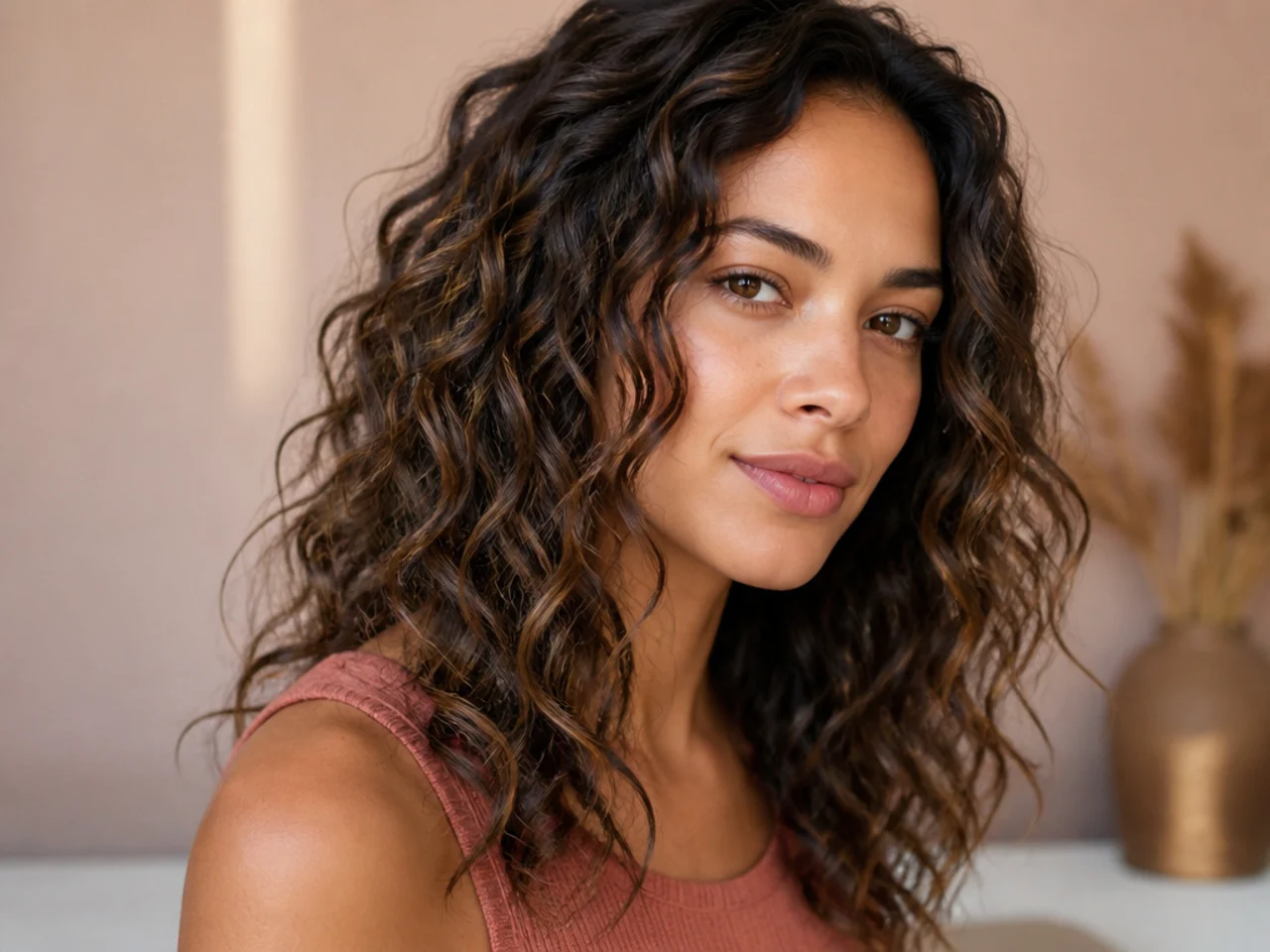 Three-quarter view of mixed wavy and curly hair