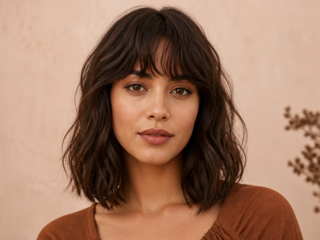 Wavy bangs worn with a long bob