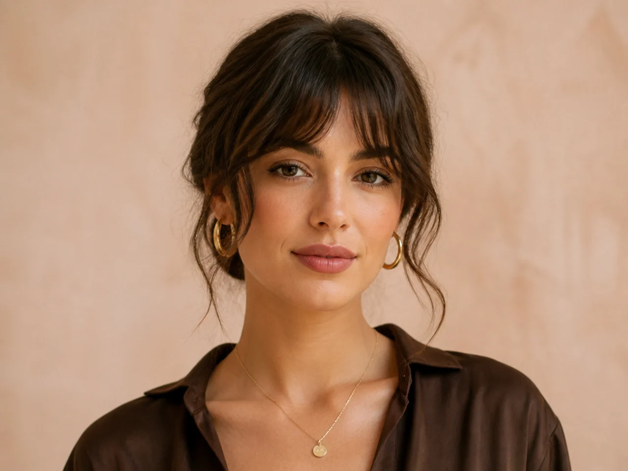 Wavy bangs worn with a low bun