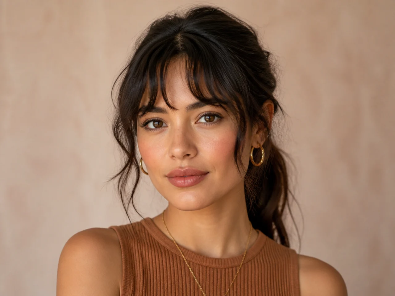 Wavy bangs worn with a ponytail