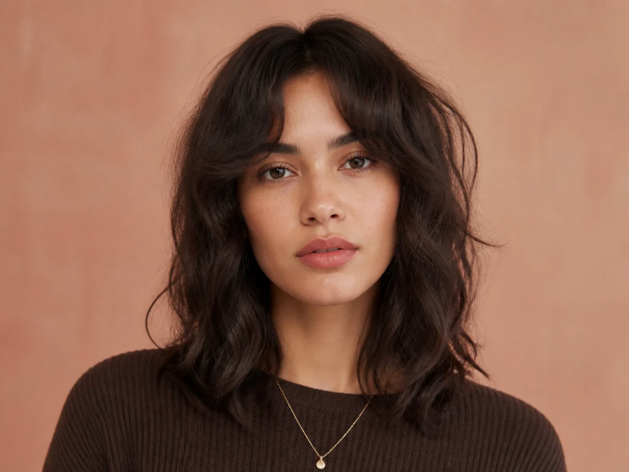 A grown-out wavy fringe parted deliberately