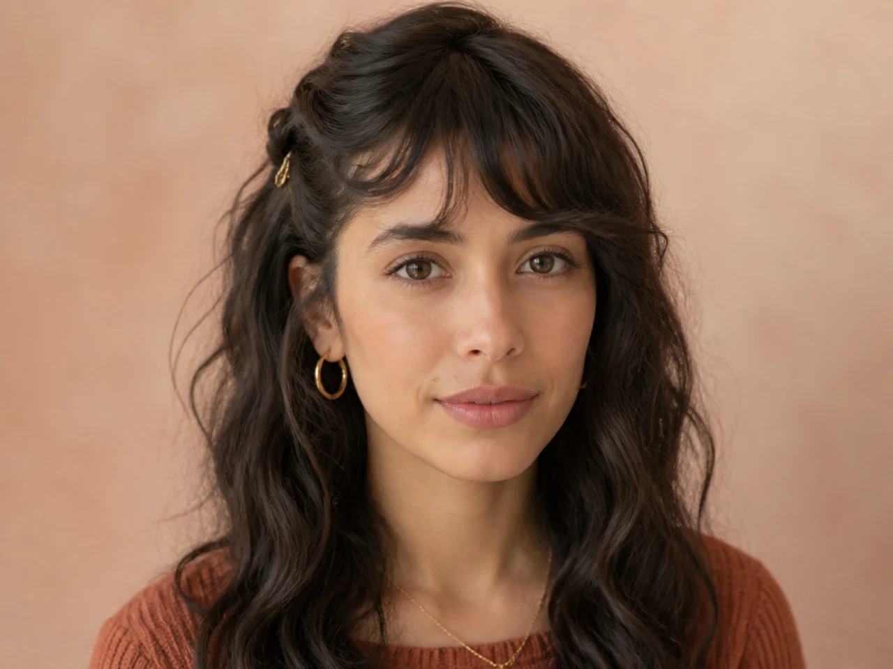 A wavy fringe pinned back on one side