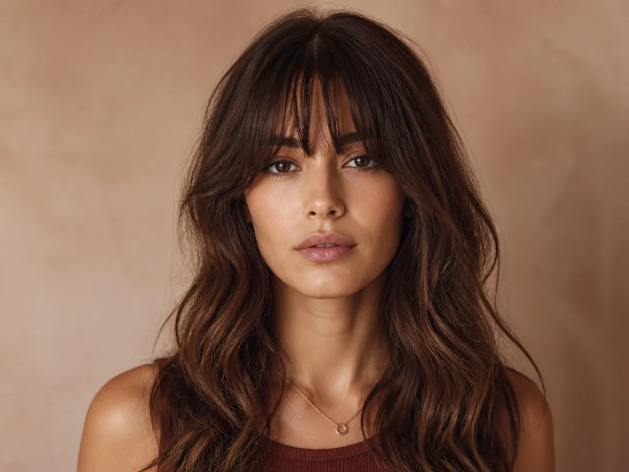 Long wavy French bangs at lash level