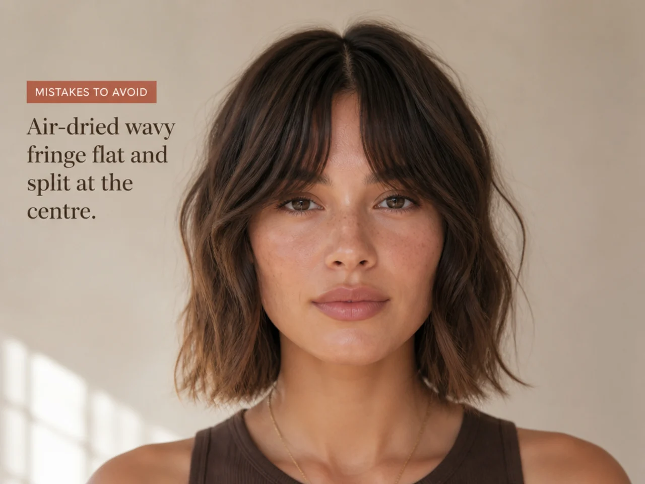 An air-dried wavy fringe flat and split at the centre