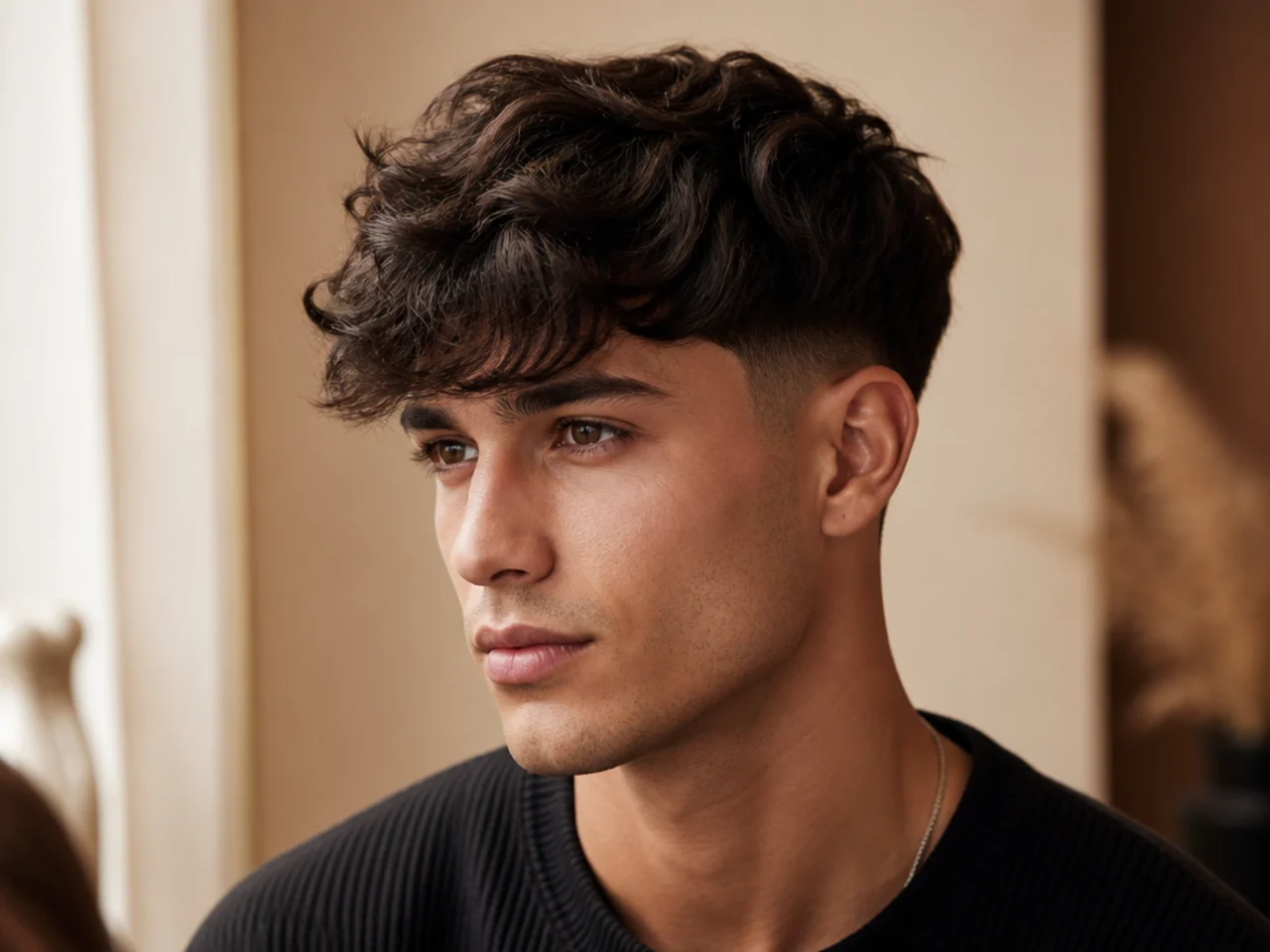 A wavy fringe swept across the forehead