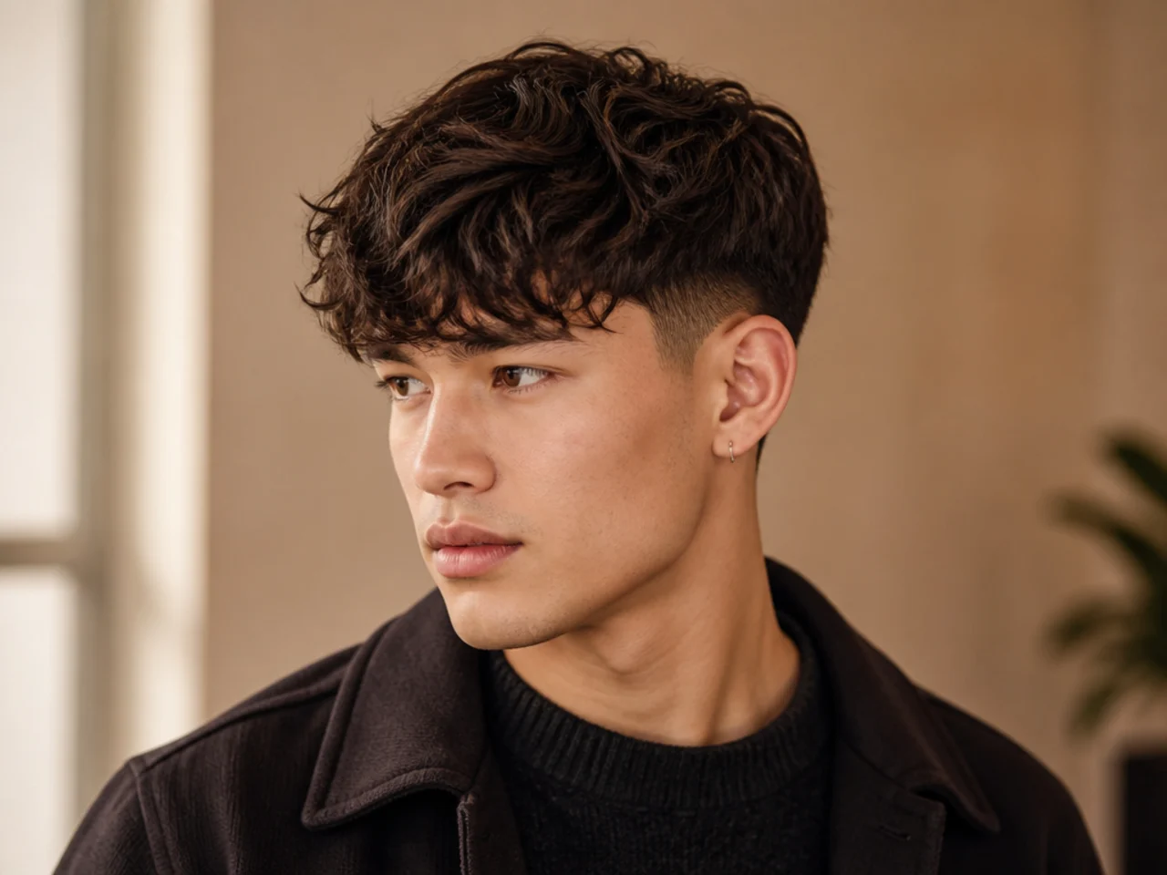 Three-quarter view of a wavy fringe haircut