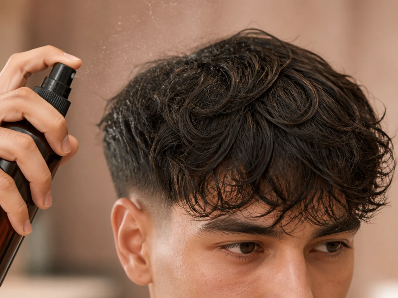 Salt spray being applied to a damp wavy fringe