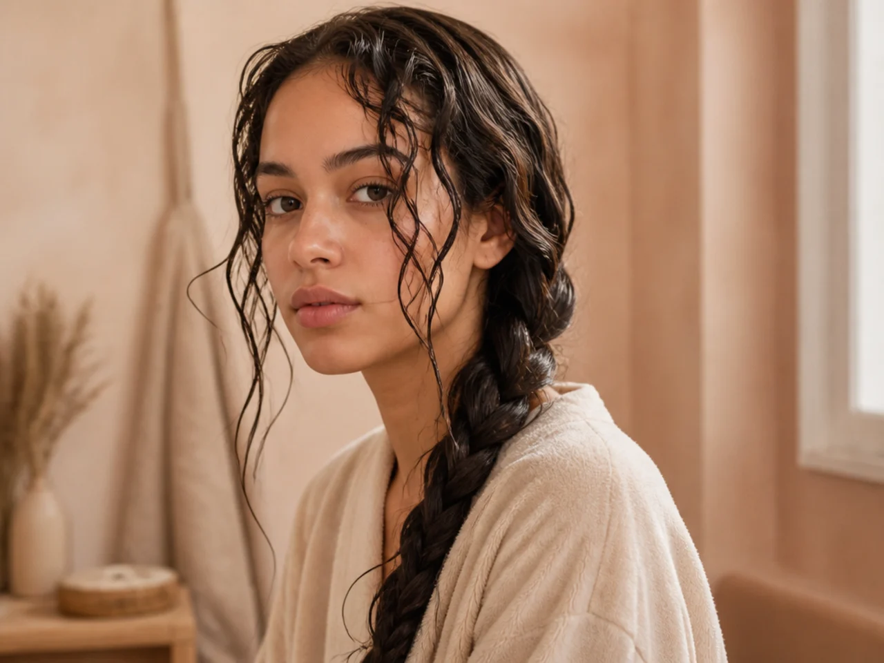 A loose slow-drying plait set on soaking hair