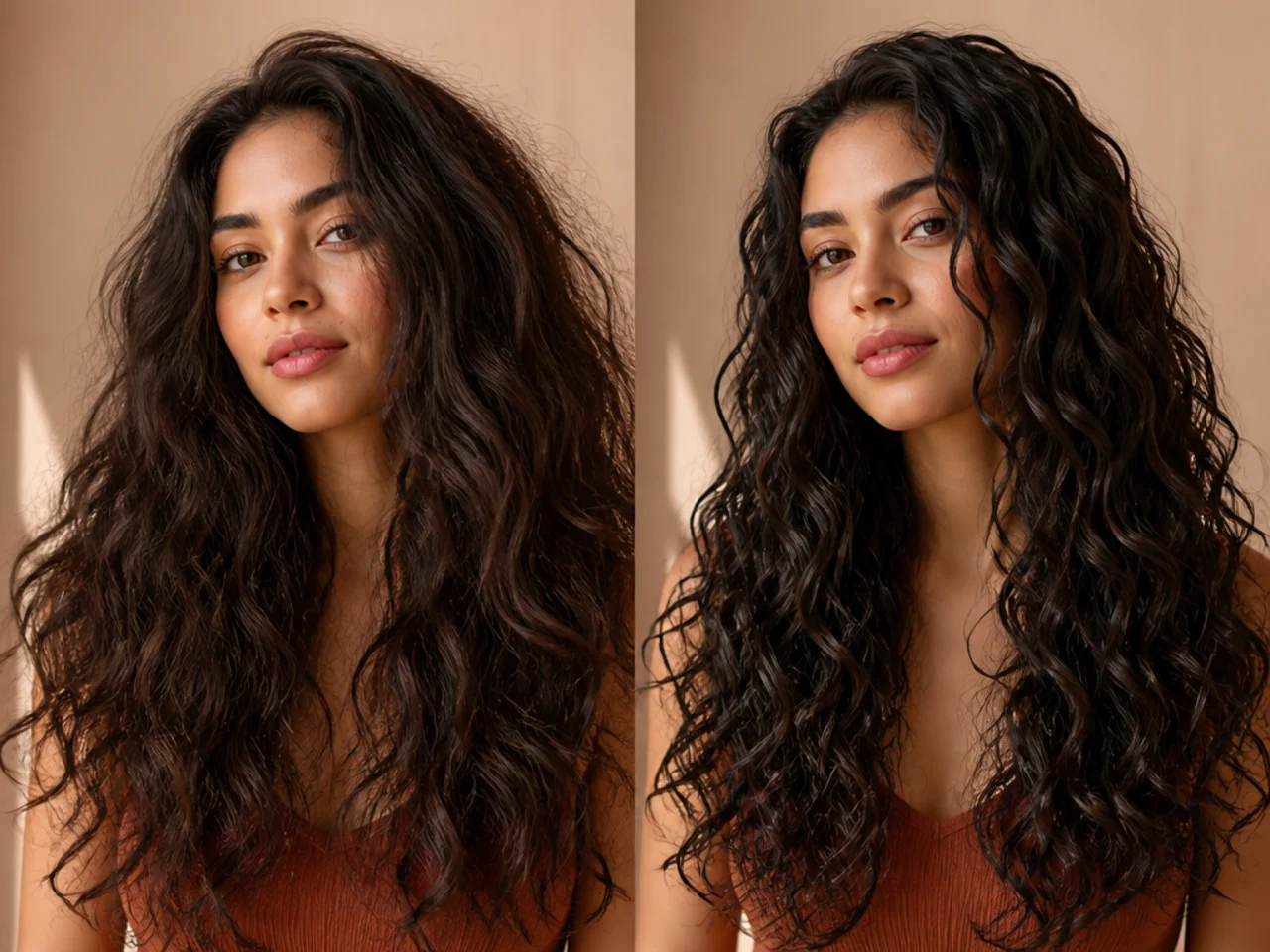 Thick wavy hair in both routines