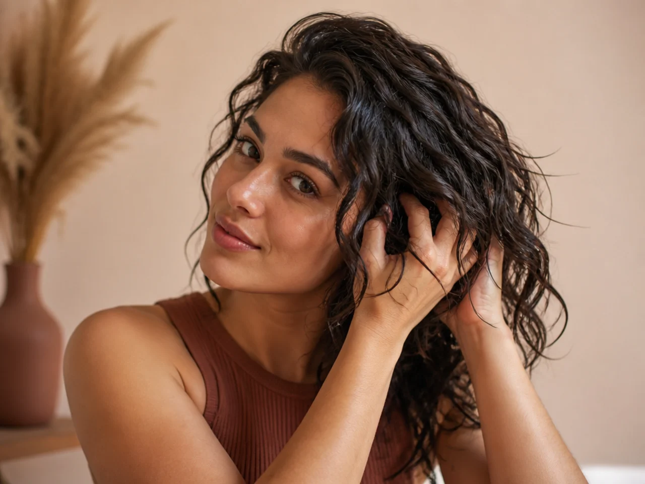 Hair scrunched upward to encourage waves