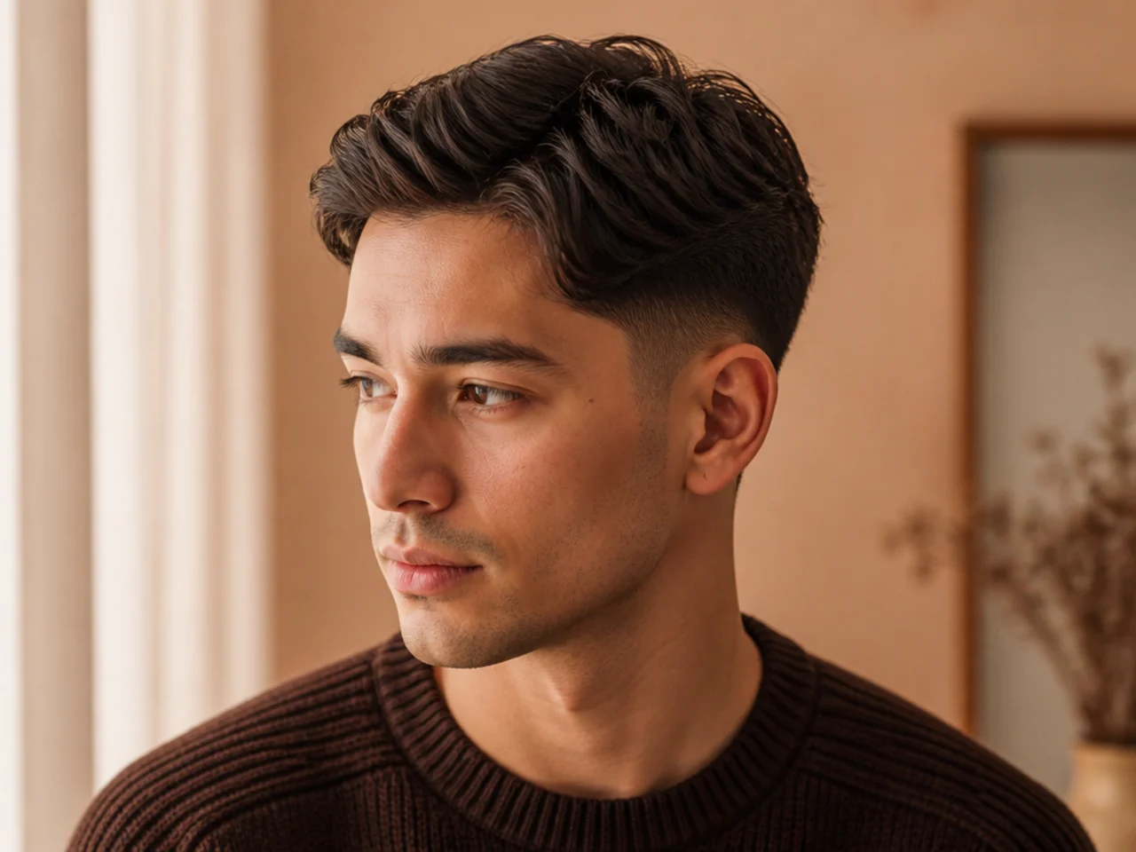 Three-quarter view of a wavy ivy league haircut