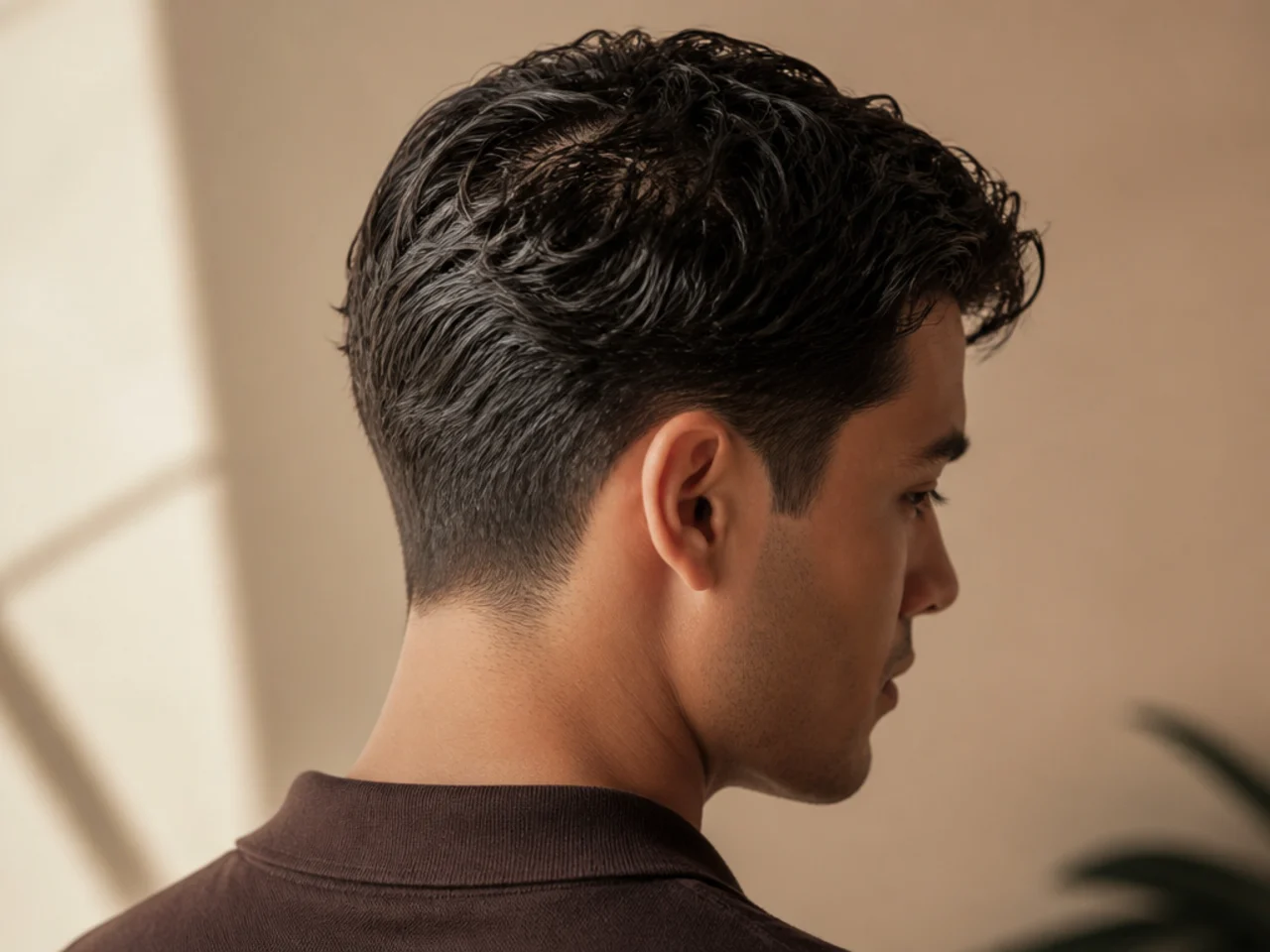 Damp wavy hair pushed forward to reveal its natural break