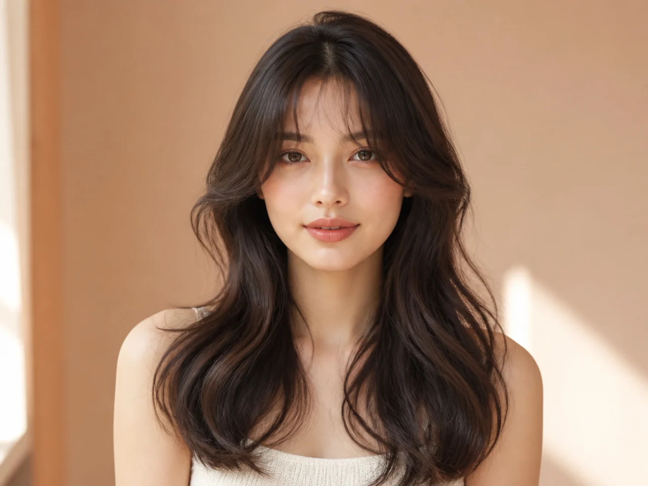 A body wave with curtain bangs