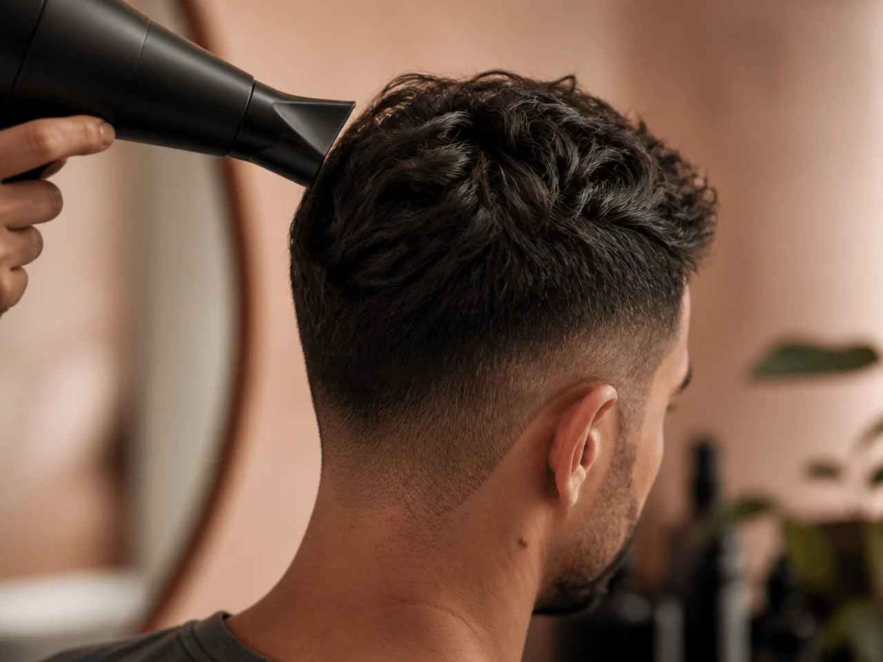 A dryer nozzle aimed at the roots of short wavy hair