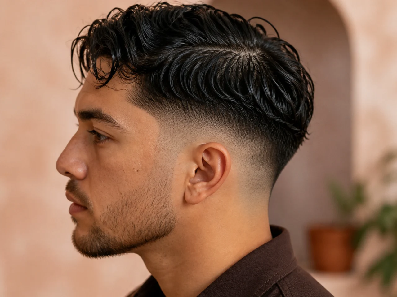 Wet wavy hair splitting naturally at the parting