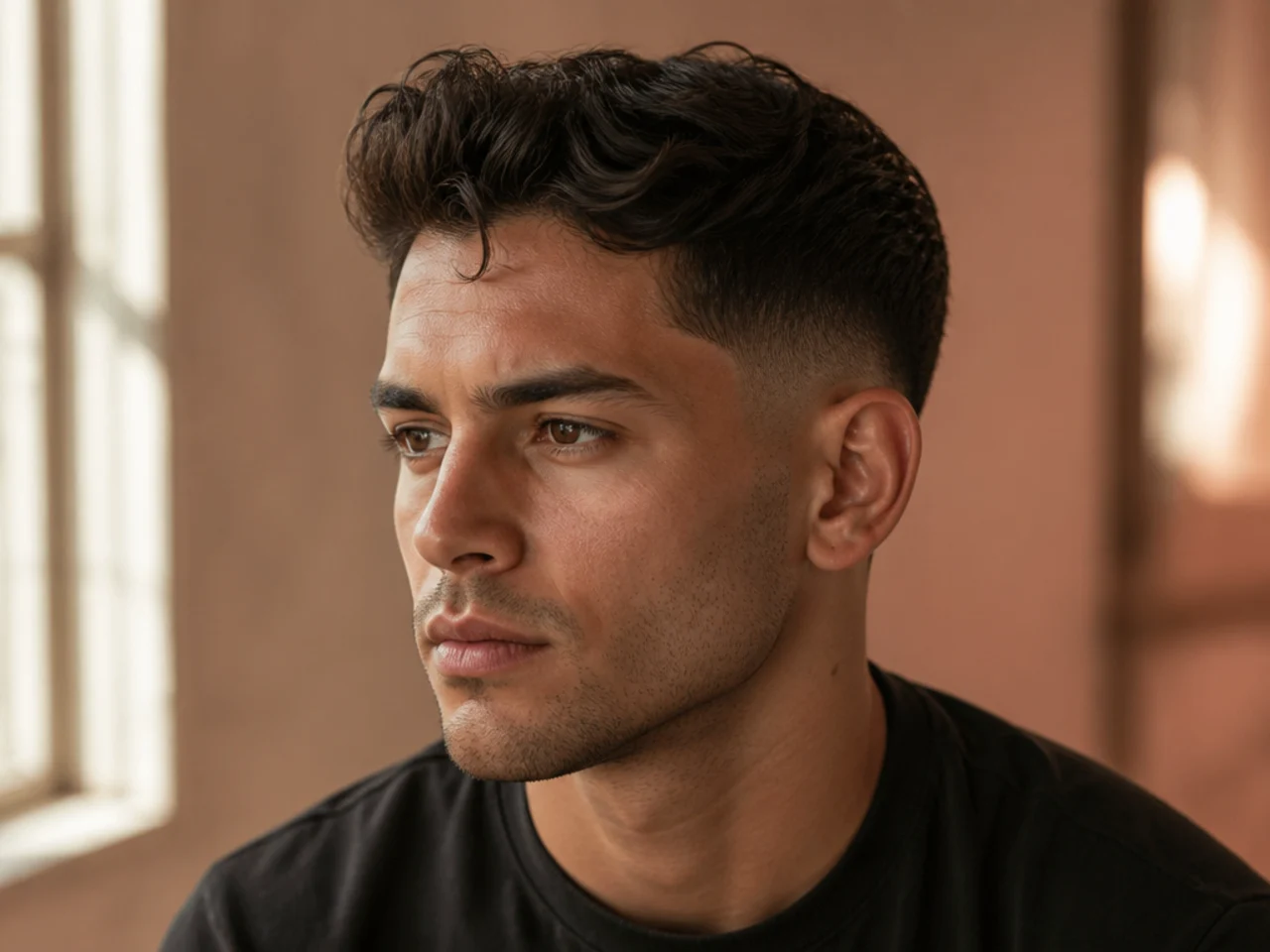 A front cowlick lifting the fringe on wavy hair