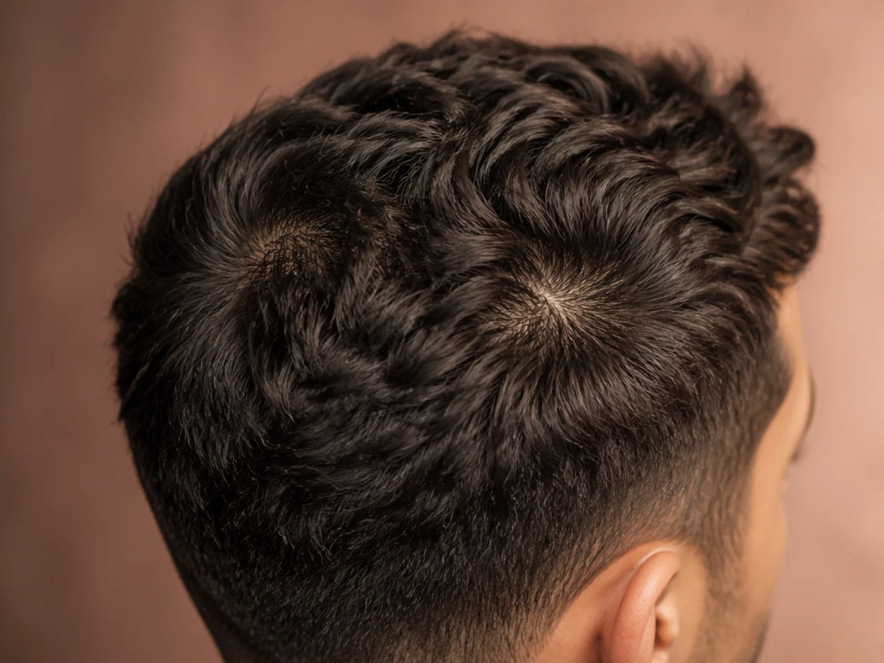 A double crown on short wavy hair