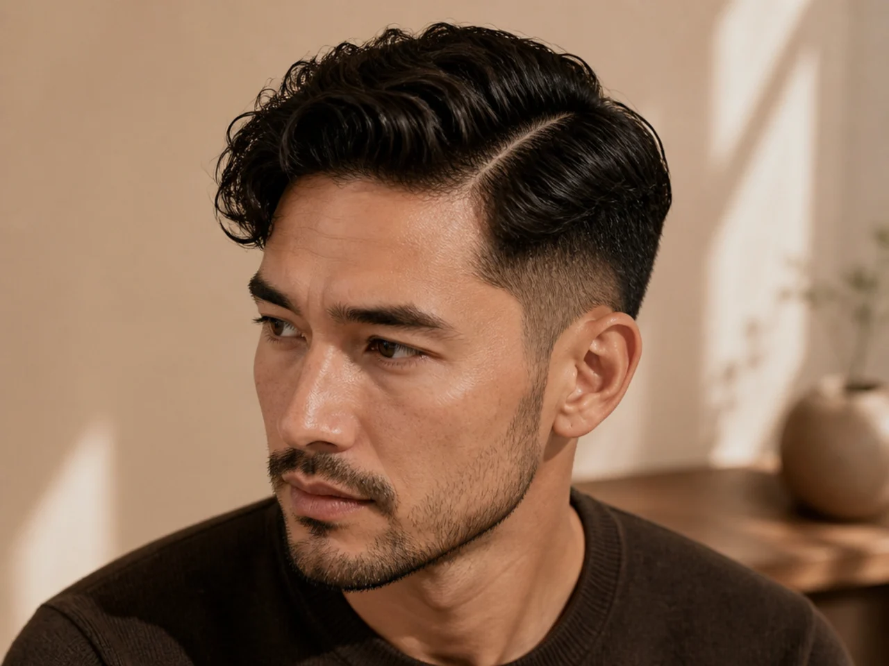 A left part on wavy hair that naturally splits right