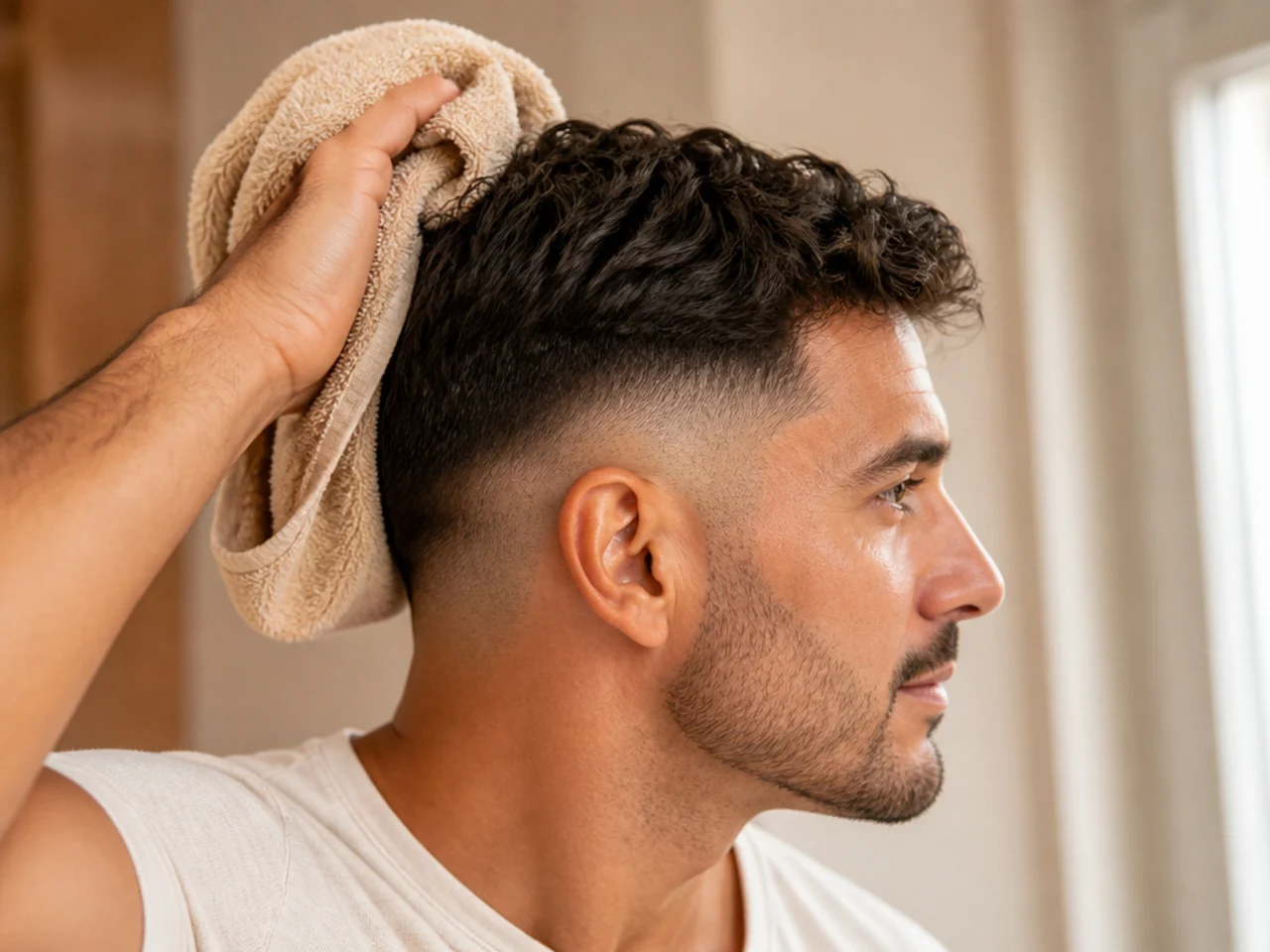 Towel-drying wavy hair against the growth direction